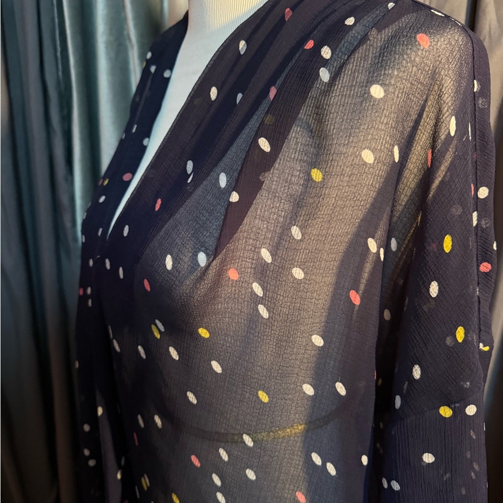 Polka Dot Sheer Navy Cross-Front Blouse